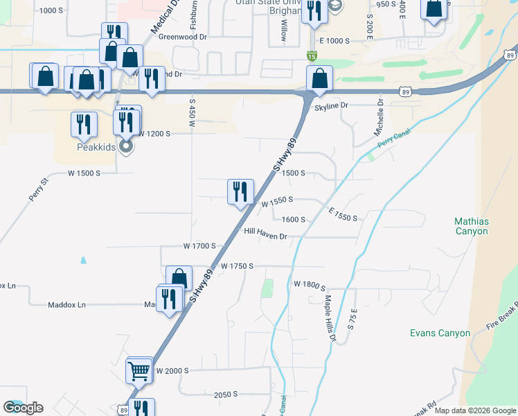 map of restaurants, bars, coffee shops, grocery stores, and more near 1571 South Highway 89 in Perry