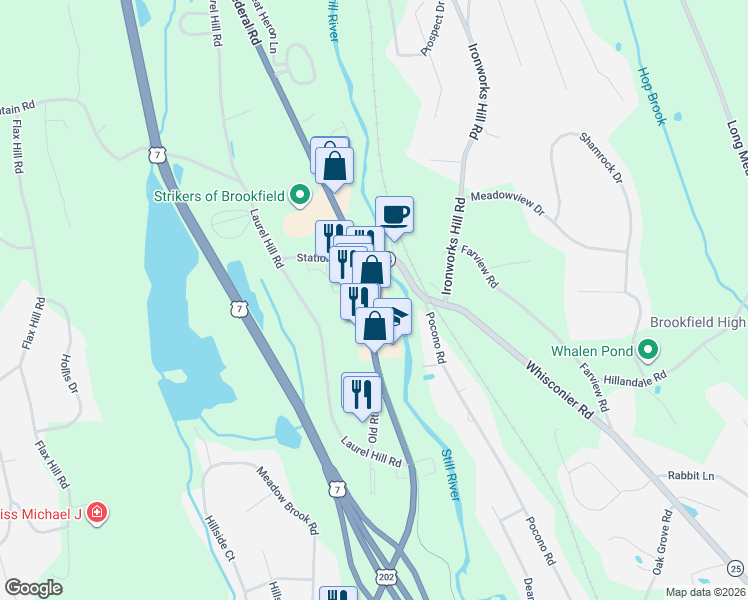 map of restaurants, bars, coffee shops, grocery stores, and more near 793 Federal Road in Brookfield