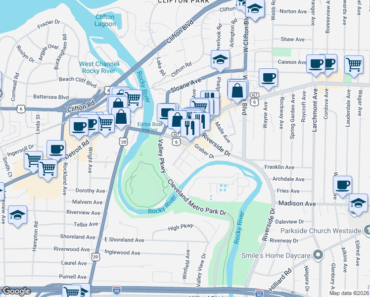 map of restaurants, bars, coffee shops, grocery stores, and more near 18865 Detroit Extension in Lakewood