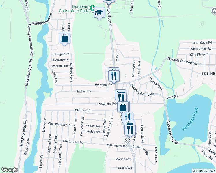 map of restaurants, bars, coffee shops, grocery stores, and more near 17 Osceola Avenue in Narragansett