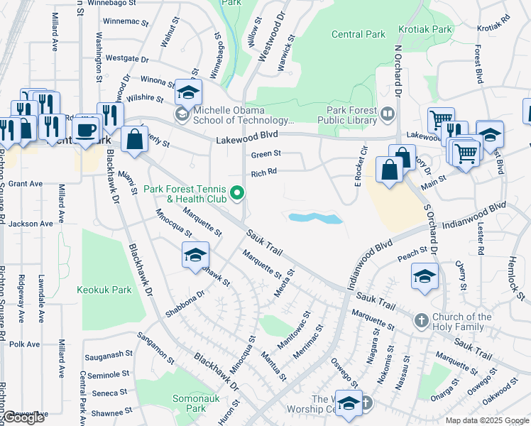 map of restaurants, bars, coffee shops, grocery stores, and more near 300 Sauk Trail in Park Forest