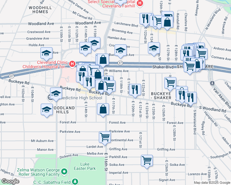 map of restaurants, bars, coffee shops, grocery stores, and more near 11705 Buckeye Road in Cleveland
