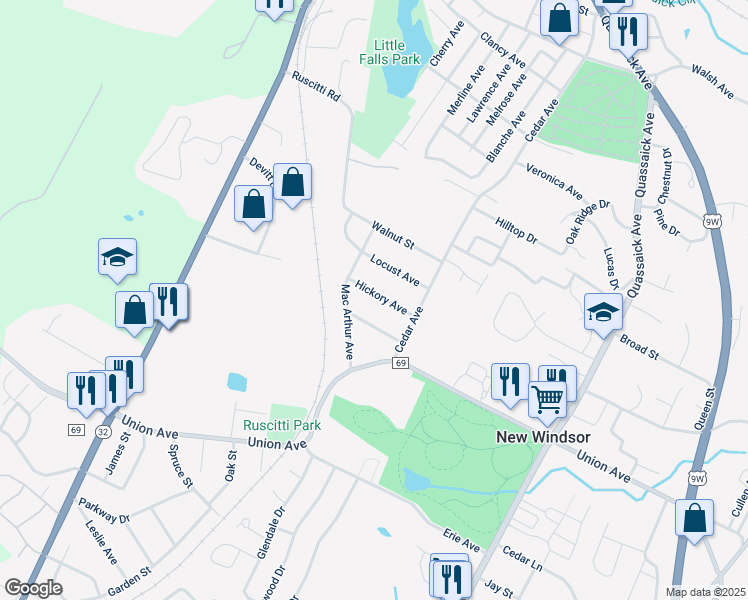 map of restaurants, bars, coffee shops, grocery stores, and more near 13 Hickory Avenue in New Windsor