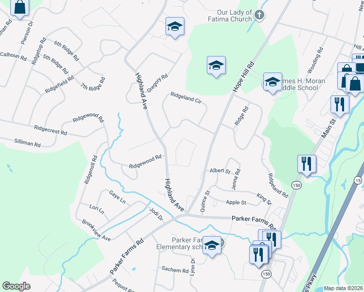 map of restaurants, bars, coffee shops, grocery stores, and more near 8 Highland Drive in Wallingford