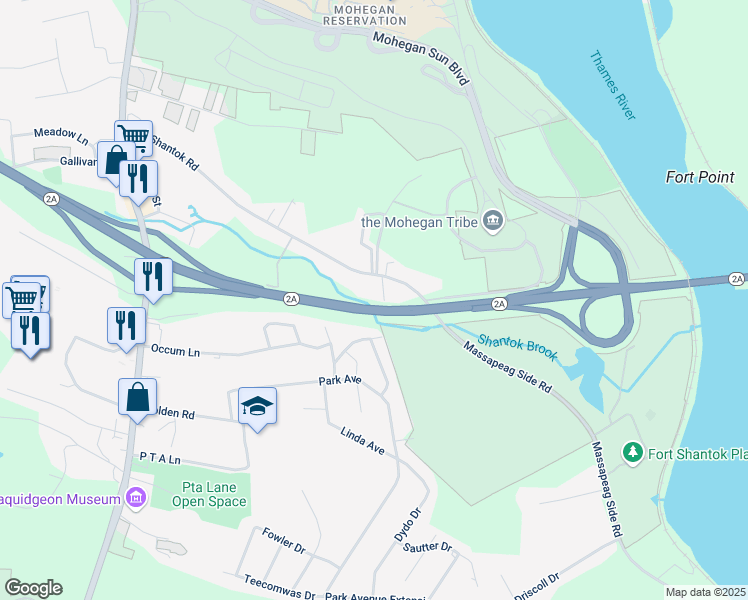map of restaurants, bars, coffee shops, grocery stores, and more near 135 Fort Shantok Road in Montville