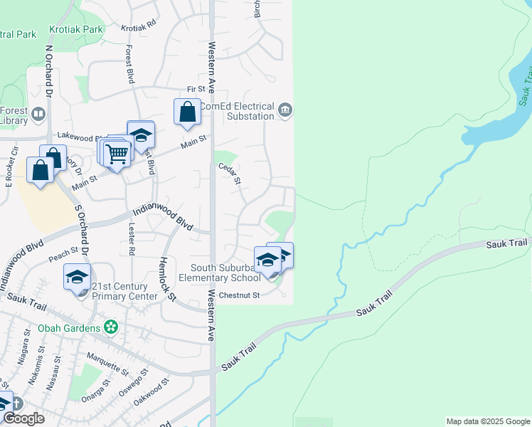 map of restaurants, bars, coffee shops, grocery stores, and more near 13 Dunlap Road in Park Forest