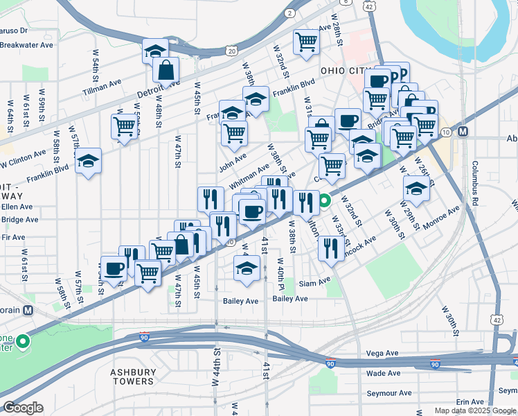 map of restaurants, bars, coffee shops, grocery stores, and more near 1943 Randall Road in Cleveland