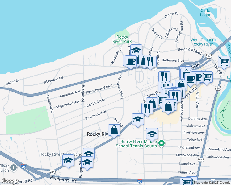 map of restaurants, bars, coffee shops, grocery stores, and more near 20562 Stratford Avenue in Rocky River