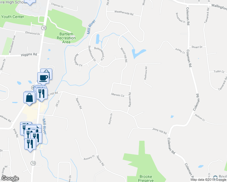 map of restaurants, bars, coffee shops, grocery stores, and more near 80 Merwin Circle in Cheshire
