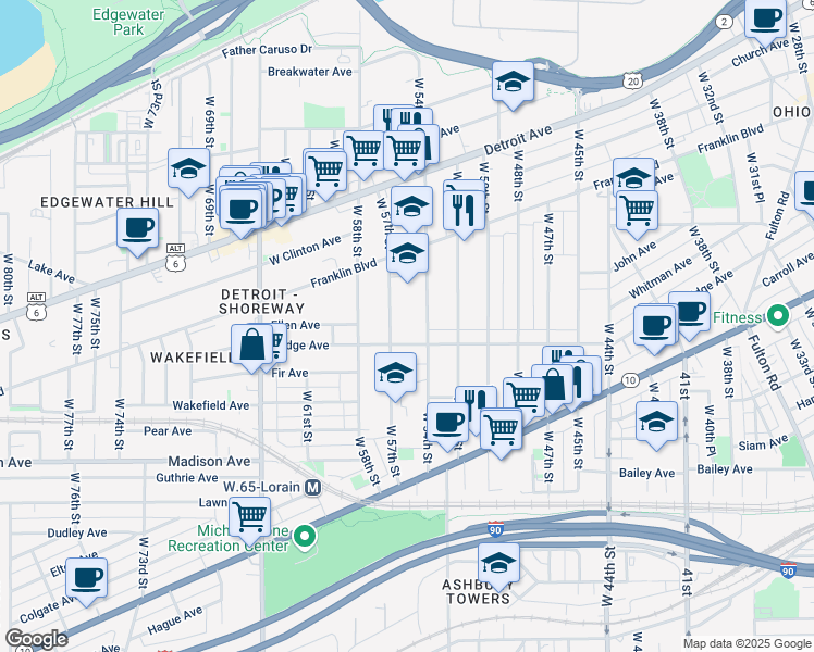 map of restaurants, bars, coffee shops, grocery stores, and more near in Cleveland
