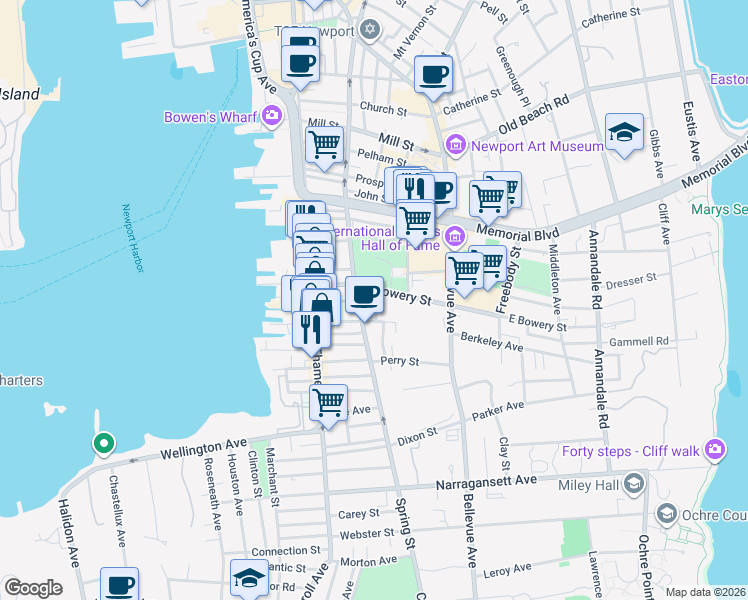 map of restaurants, bars, coffee shops, grocery stores, and more near 16 Anthony Street in Newport