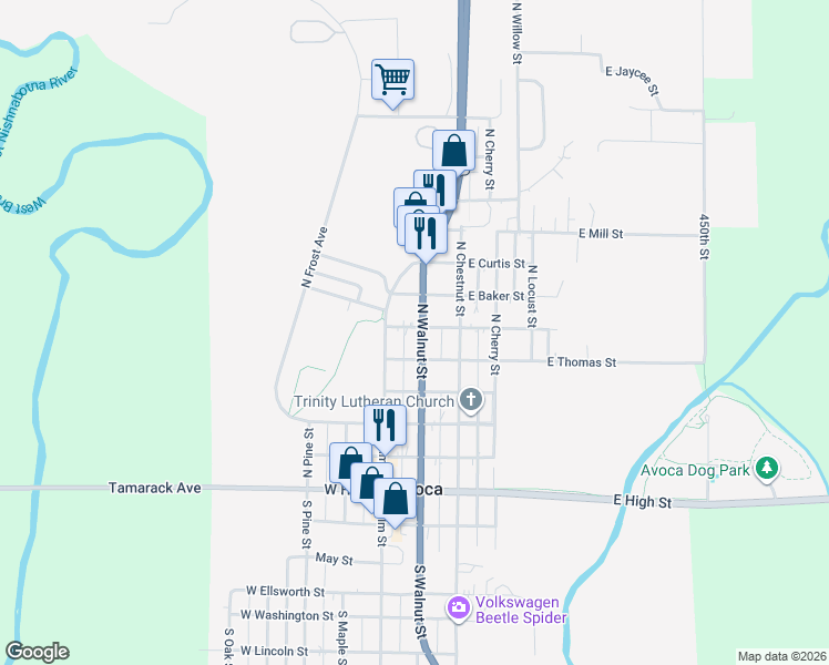 map of restaurants, bars, coffee shops, grocery stores, and more near 514 North Walnut Street in Avoca
