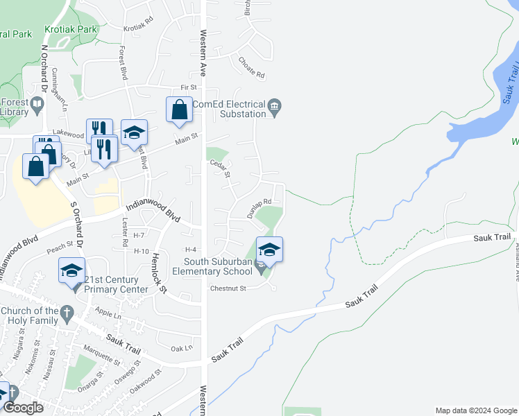 map of restaurants, bars, coffee shops, grocery stores, and more near 13 Dunlap Road in Park Forest