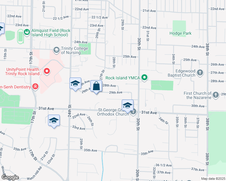 map of restaurants, bars, coffee shops, grocery stores, and more near 2723 29th Avenue in Rock Island