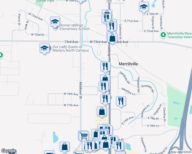 map of restaurants, bars, coffee shops, grocery stores, and more near 200 West 75th Place in Merrillville