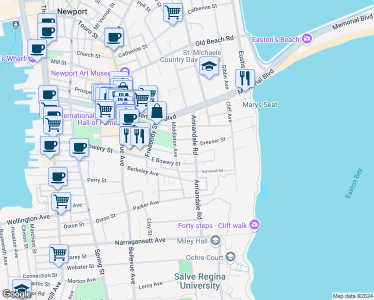 map of restaurants, bars, coffee shops, grocery stores, and more near 41 Annandale Road in Newport