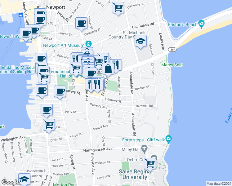 map of restaurants, bars, coffee shops, grocery stores, and more near 11 Weaver Avenue in Newport