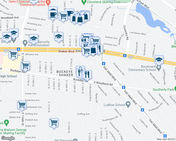 map of restaurants, bars, coffee shops, grocery stores, and more near 2852 South Moreland Boulevard in Cleveland