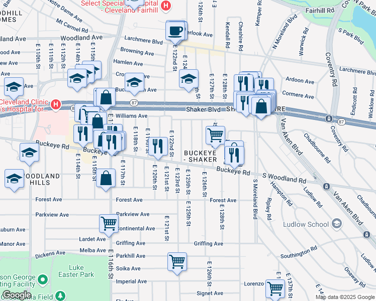 map of restaurants, bars, coffee shops, grocery stores, and more near 2834 East 124th Street in Cleveland