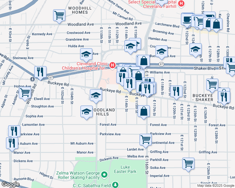 map of restaurants, bars, coffee shops, grocery stores, and more near 11126 Buckeye Road in Cleveland