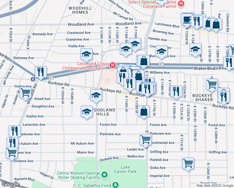 map of restaurants, bars, coffee shops, grocery stores, and more near 11126 Buckeye Road in Cleveland