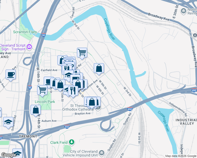 map of restaurants, bars, coffee shops, grocery stores, and more near 2447 West 5th Street in Cleveland
