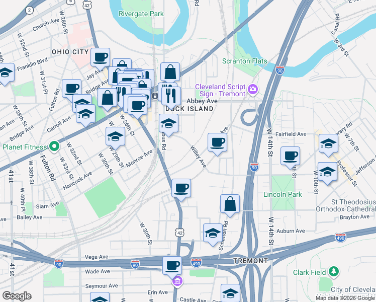 map of restaurants, bars, coffee shops, grocery stores, and more near E Street 0 in Cleveland