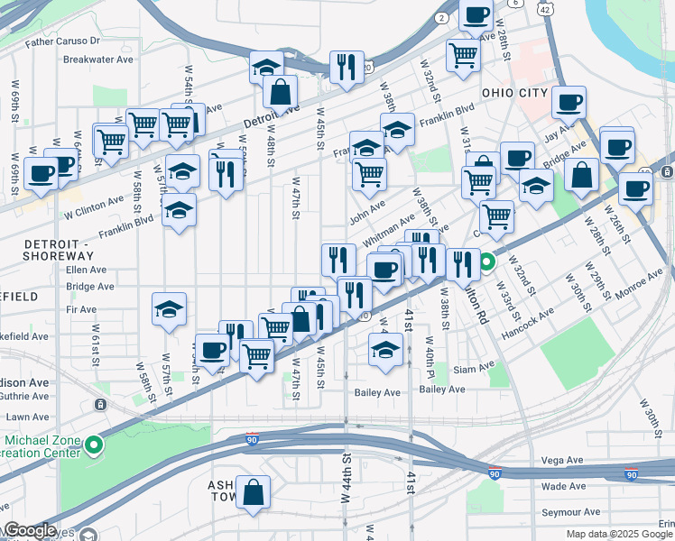 map of restaurants, bars, coffee shops, grocery stores, and more near 1938 West 44th Street in Cleveland
