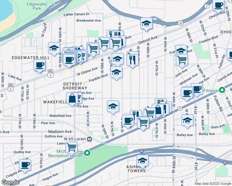 map of restaurants, bars, coffee shops, grocery stores, and more near in Cleveland