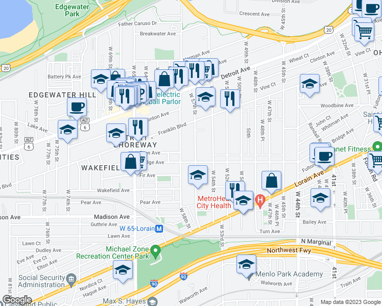 map of restaurants, bars, coffee shops, grocery stores, and more near 1861 West 58th Street in Cleveland