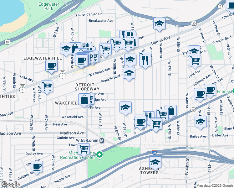 map of restaurants, bars, coffee shops, grocery stores, and more near in Cleveland
