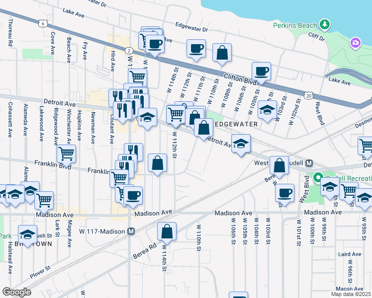 map of restaurants, bars, coffee shops, grocery stores, and more near 1438 West 110th Street in Cleveland