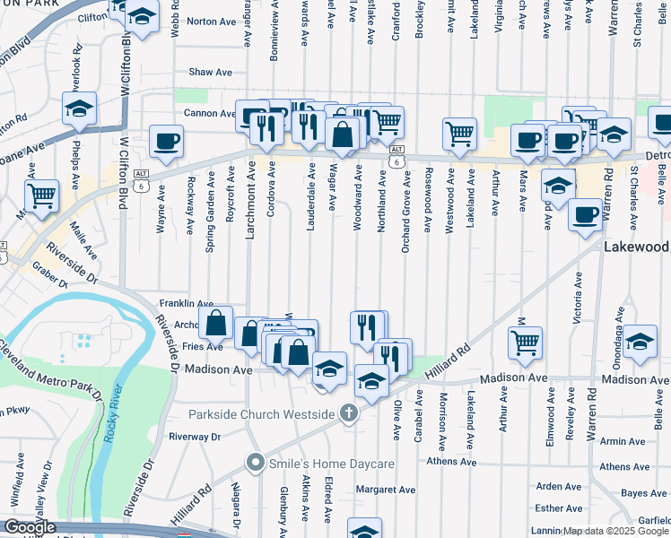 map of restaurants, bars, coffee shops, grocery stores, and more near 1552 Wagar Avenue in Lakewood