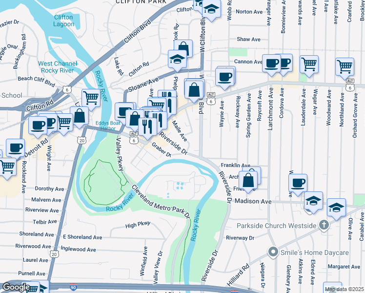 map of restaurants, bars, coffee shops, grocery stores, and more near 1458 Riverside Drive in Lakewood