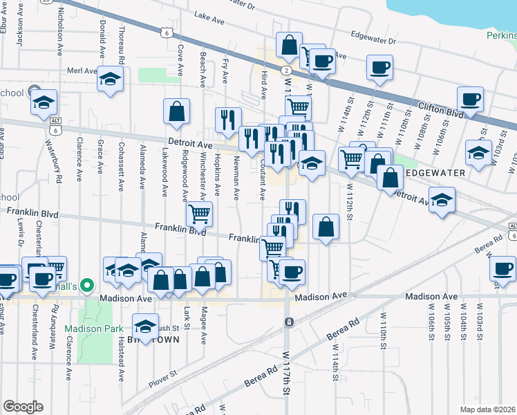 map of restaurants, bars, coffee shops, grocery stores, and more near 1490 Coutant Avenue in Lakewood