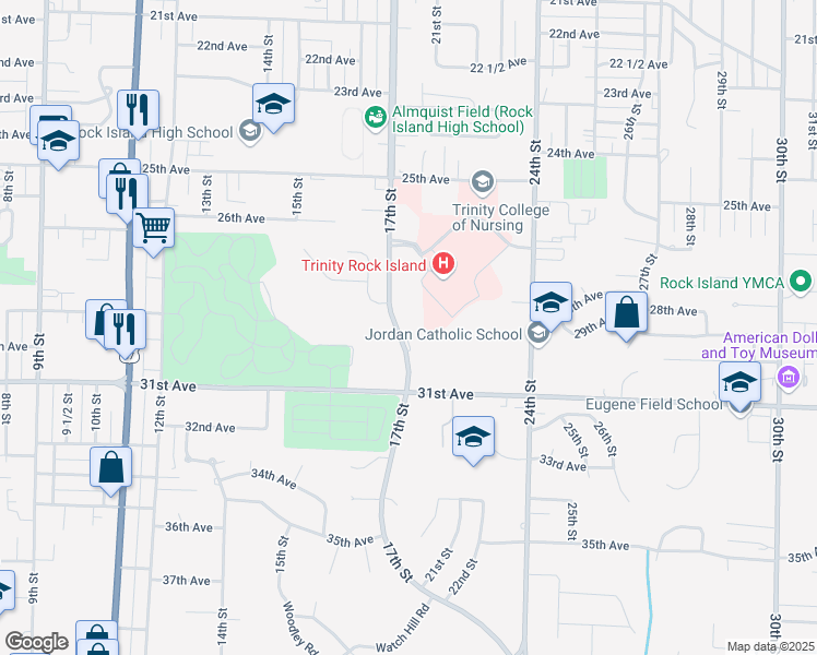 map of restaurants, bars, coffee shops, grocery stores, and more near 2917 17th Street in Rock Island