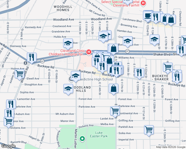 map of restaurants, bars, coffee shops, grocery stores, and more near in Cleveland