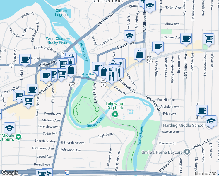 map of restaurants, bars, coffee shops, grocery stores, and more near 14650 Detroit Road in Rocky River