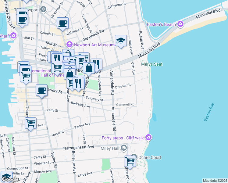 map of restaurants, bars, coffee shops, grocery stores, and more near 40 Annandale Road in Newport