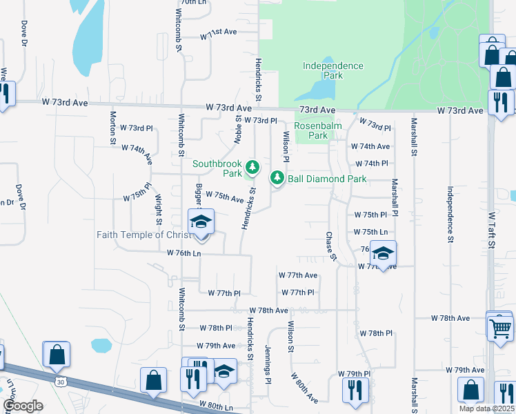 map of restaurants, bars, coffee shops, grocery stores, and more near 7492 Jennings Pl in Merrillville