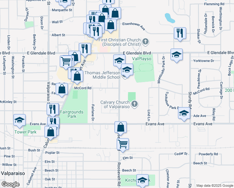map of restaurants, bars, coffee shops, grocery stores, and more near 1309 Roosevelt Road in Valparaiso