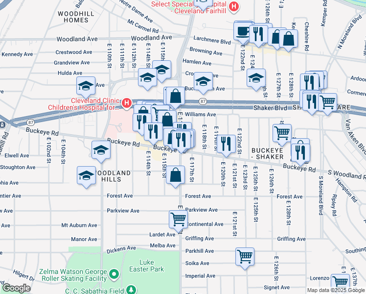 map of restaurants, bars, coffee shops, grocery stores, and more near 11608 Buckeye Road in Cleveland