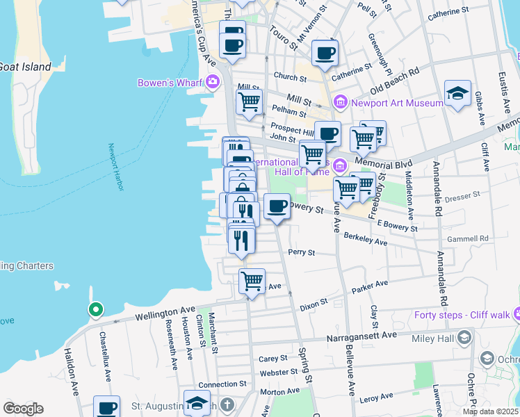 map of restaurants, bars, coffee shops, grocery stores, and more near 30 Howard Street in Newport