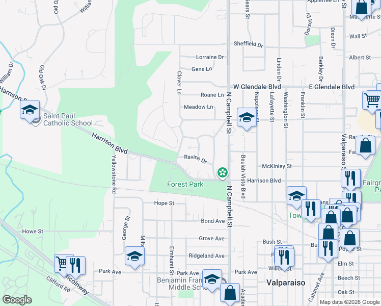 map of restaurants, bars, coffee shops, grocery stores, and more near 566 Ravine Drive in Valparaiso