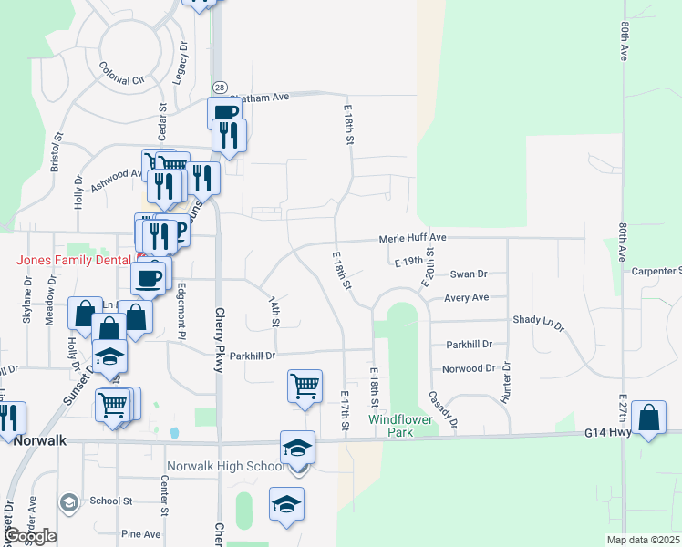 map of restaurants, bars, coffee shops, grocery stores, and more near East 18th Street in Norwalk