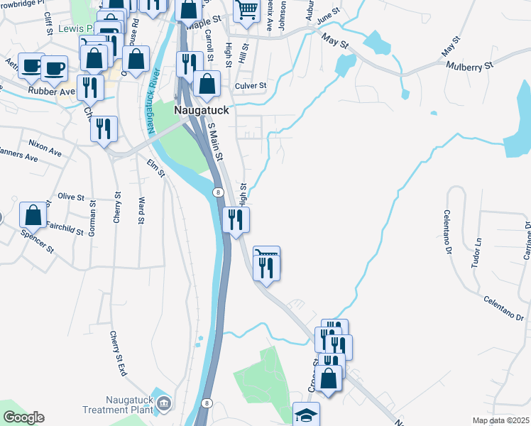 map of restaurants, bars, coffee shops, grocery stores, and more near 21 High Street in Naugatuck