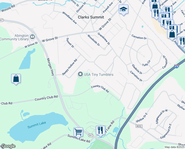 map of restaurants, bars, coffee shops, grocery stores, and more near 1108 Oakmont Road in Clarks Summit