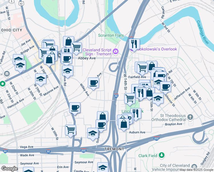 map of restaurants, bars, coffee shops, grocery stores, and more near 2301 Scranton Road in Cleveland