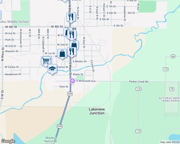 map of restaurants, bars, coffee shops, grocery stores, and more near 312 Forrest Avenue in Alturas