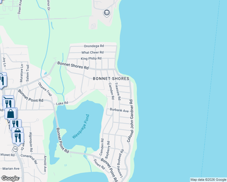 map of restaurants, bars, coffee shops, grocery stores, and more near 46 Camden Road in Narragansett